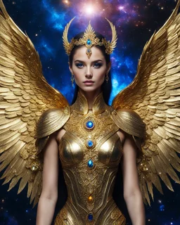 Photography A Length Super model Woman as Beautiful Archangel with wings made from metal craft,dressing luxurious golden armor filigree combination crystals diamonds stone crystals,Cosmic Nebula Background