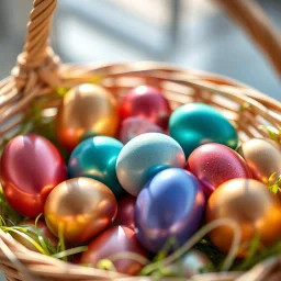 digital photograph of modern basket colorful Easter eggs. eggs display in azure, emerald, blush,red, crimson,gold, sapphire,metallic cinematic HDR backlighting highlights subtle dimples and glossy reflections, with shallow depth of field softening the sunlit background. hyperrealistic 8k resolution,