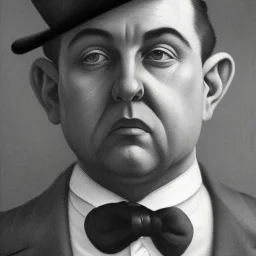 A 1930s Italian-American businessman in his 20s with a bowler hat and a tattered suit. He is obese and has a sad expression on his face. He is facing the screen.