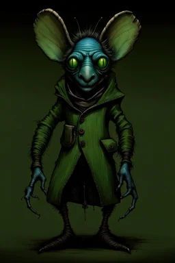 Artist Jean-Baptiste Monge style. A old biomorph male humanoid with Ant face. Bright eyes. A green and blue striped outfit. Modifiers: Tim Burton Craig Rutkowski Modifiers: neon glowing Iridescent black ink