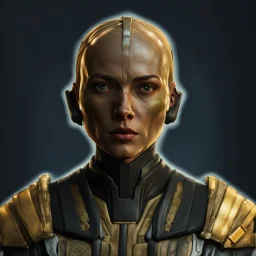 a bold and heroic bald male Corellian pilot in black and metallic grey First Order special forces gear meets a female Jedi Master in ancient, mystical temple, hyperdetailed, dynamic lighting, hyperdetailed background, 8k resolution, volumetric lighting, light skin, fully symmetric details