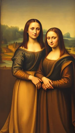 Mona Lisa and Leonardo da Vinci as a lovers standing side by side in a painting