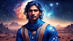 handsome Indian man, bright, light hair, blue and galactic clothes, space and starry indian landscape