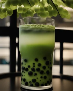 filling the frame we are looking into a tank filled with matcha green bubble tea, dark tapioca pearls along the bottom against the glass, ice floating at top, no fish, no outside of tank