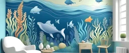 Create an underwater-themed mural with fluid and organic shapes, portraying the elegance of sea life and underwater landscapes.