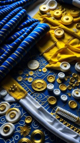 sewing aesthetics, blue, white, gold