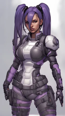 Young cyberpunk female with soft tan features and extremely long black and dark purple hair in full puffy pigtails with black, grey, white, and purple coloration body armor in a realistic style full body view