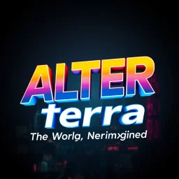 create a nice cool logo for my account IN 3D "ALTER",AND "TERRA" under it a little to right ,this texts plane must be 30 degree to the logo plane.and this 3d texts smaller font "The World Never Existed" ,"Reality ,Reimagined",add 3d background, future modern city and future modern industry ,3d text,vibrant metallic colors .1:1 ratio.