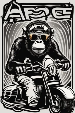 Ape on a scooter wearing sunglasses, logo