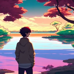 In the anime, a young male character is near the green lake in the sunset afternoon.