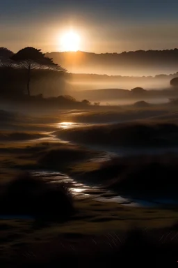 Dawn breaking on the new land, casting its first light and shadows, revealing the contours and beauty of the landscape.