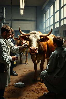 people kidnapping cattle while medicating cow, inside science factory, painted by Rembrandt
