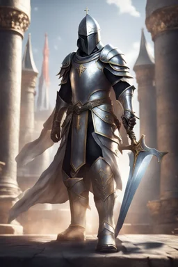 photorealistic holy knight paladin wearing a cape wielding a greatsword temple in the background face ravealed