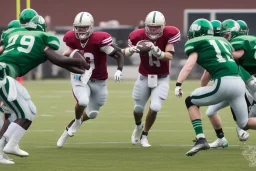 Boston Shamrocks Football team playing against the Toronto Rifles Football team,vintage, hyper-realistic, in color, Boston in green, Toronto in Red