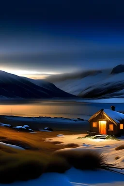 vista panoramica de una paisaje con una cabaña pequeña con luces encendidas y chimenea humenate, rodeada de montañas levemente nevadas y vegetacion autoctona de alaska. Un lago con un oso marrón cazando. En primavera