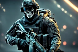 Ghost Soldier with skull in 8k realistic cgi drawing style, call of duty them, close picture, neon, intricate details, highly detailed, high details, detailed portrait, masterpiece,ultra detailed, ultra quality