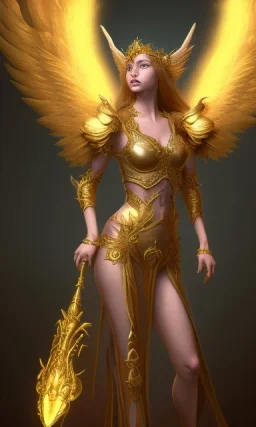 Female angel with big wings and golden crown floating above the ground in the dark, michelangelo style, detailed, world of warcraft style