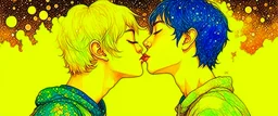 portrait anime man kissing man, ,yellow, stars hearts water, blue, watercolor, Yoshikata Amano, Edwin Landseer, Ismail Inceoglu, Russ Mills, Victo Ngai, Bella Kotak, hyperdetailed 8K resolution HDR DSLR, ultra detailed, ultra quality, CGSociety, intricately detailed, color depth, gliter, kiss