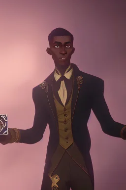 Dashing black man in a suit, holding a deck of cards. There's a young fey dragon with him.