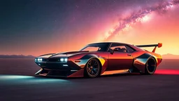 Angular, muscle, funny car, concept ultra detailed very futuristic powerful gangster lowrider parked on a wide, windswept open space after dark. neons, The horizon glows with the colours of a nebula sky, and the car’s reflective surface mirrors the vast, empty expanse.