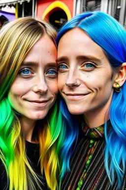 ((Mary-Kate and Ashley Olsen a warm hug)),charming Smile, **Galactic Rainbow Hair:** Hair reflecting the vivid colors of a rainbow alongside the cosmic allure of stars, creating a mesmerizing, multicolored effect