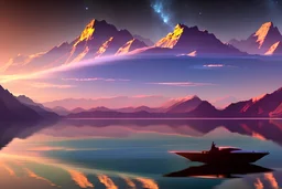 Lake reflection, distant exoplanet in the horizon, boat, mountains, sci-fi