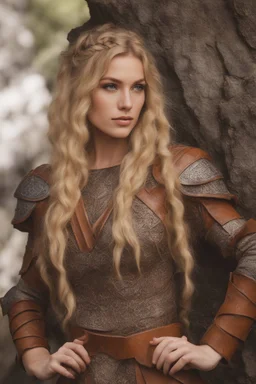 A beautiful woman with blond hair, viking braids Brown leather armor.