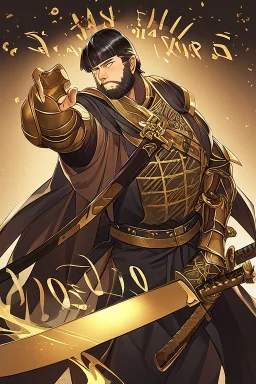 A handsome 30 year old man, black hair, male bob haircut, in black-and-gold plate armor, golden katana in both hands, no beard