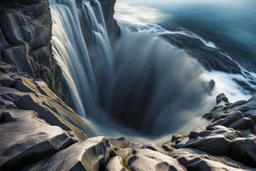 Majestic waterfall plunging into a deep, unseen abyss. Lush greenery covers the cliffs, with rocky outcroppings jutting into the churning water at the base. The scene evokes a sense of awe and mystery.