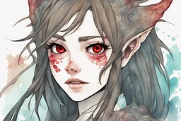 a close-up headshot of a woman with long brown hair, red eyes, sharp teeth, scales, pointed ears, beautiful monster, intricately detailed, colored sketchy manga style, splotchy watercolor background