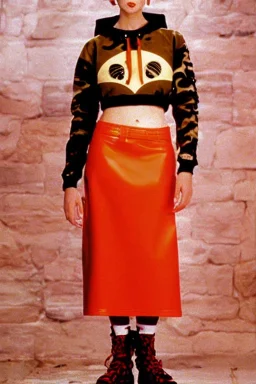 year 1996 fashion. Straight skirt, low waist. Combat hoodie with long tippet, which continues to the hood. Colors: denim blue, blue, purple, cream, khaki, "pastel green", lilac, plum, orange, terracotta, red, light yellow, pink, dark blue, beige. Latex in small part. Sturgeons vulgarism pattern prints.. Bridget Jones, Missy Elliot, Jennifer Lopez. Karjalainen kuvio, Karjala patterns tradiotional. Hat with a visor, integrated to AKG-style headphones.