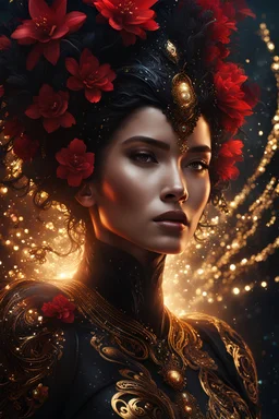black and red and gold theme, close-up bioluminescent sparkling face of a woman surrounded by gold sparkles and black flowers, crimson red face, expressive and mysterious, in a mysterious dark landscape, detailed matte painting, fantastical, intricate detail, splash screen, colorful, fantasy concept art, 8k resolution, Unreal Engine 5, centered, high contrast sharp focus, black and red theme, glossed and polished