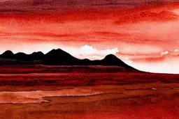 fantasy, illustration, watercolour, inhospitable locale, deserts of black sand, huge plains of dark granite, no water to be found anywhere, and no sunlight, blood-red sky, -brown, -plants, red sky, black sand,