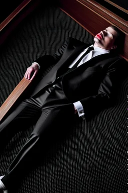 a man in black suit, red neck tie, white shirt, black pants, black shoe sleeping in a coffin, over view