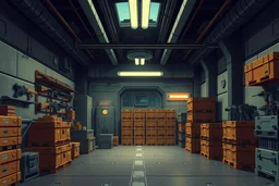 futuristic warehause interior with weapon racks and stacked crates military base, retro 2D game, commercial movie poster 1970 style