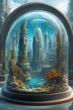 A painting of a futuristic city in a glass dome under the ocean, with kelp, hyperrealism, high quality, hyperdetailed, matte painting, bold lines, brushstrokes