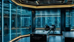 medium shot photo from high-tech futuristic office building, glass and metalic walls, tall, cyberpunk, blue, and dark colors, cold colors, high detalied, shapr focus, sci-fi mood