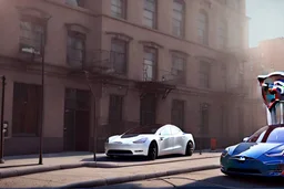 A Tesla 'Model S' is parked, near the building of the 'Friends' series in New York. (CINEMATIC, WIDE ANGLE LENS, PHOTO REAL)