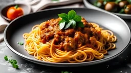 Pasta Spaghetti Bolognese in white plate on gray background. Bolognese sauce is classic italian cuisine dish. Popular italian food.