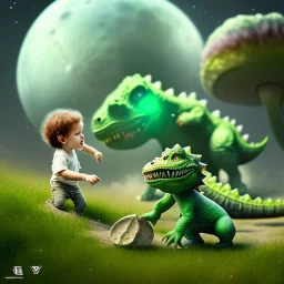 1yo little szymon is on safari onthe moon. petting a green dinosaur. he has big binoculars and a funny hat. High detailed. Cinematic. Digital painting. Warm lights.