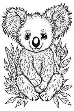 cute coloring page, sketch style, cute baby koala in the jungle, cute cartoon, white and black, withe background, no shadows, outline.