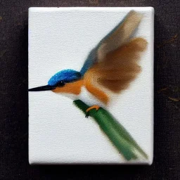 tiny oil painting of tiny kingfisher, plain white background, solid white background, tiny white canvas, tiny white frame, plain white wall, melancholy, tender, moody, vintage, delicate arrangement, beautiful composition, etsy, aesthetic layout, plain solid white background