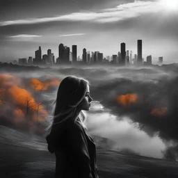 Masterpiece double exposure of a girl silhouette with cityscape apocalypse aftermath in monochrome and a colorful natural landscape in the underlying backdrop, sharp contrast of both scene, detailed crisp lines, in focus, double exposure, by Skyrn99, high quality, high detail, high resolution