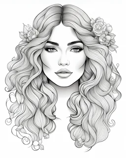 outline art for a gorgeous and sweet lady face, boho waves, coloring page, white background, sketch style, only use outline, clean line art, white background, no shadows and clear and well outlined