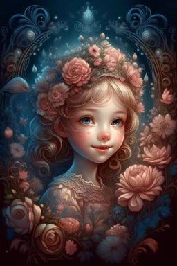 In the style of Gustav Dora, a sweet girl, flowers, kind smiles, very cute and beautiful. wonderland, cute, mystical, fantasy, complex background, backlight, highly detailed filigree, the best quality. Mysterious
