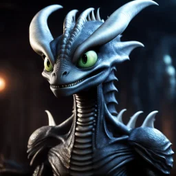 alien xenomorph as a disney dragon like in "how to train your dragon" with big white eyes and a goofy look on its face