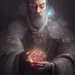 Insanely detailed photograph of an “D&D twilight cleric holding glowing D20” with intricate detailed beard, intricate embroidered clothing, hyperdetailed painting by Ismail Inceoglu Huang Guangjian and Dan Witz CGSociety ZBrush Central fantasy art album cover art,8K, hdr, mysterious, ominous, snowflakes,jolly