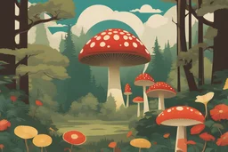 Summer: Abundance of Freshness. (Retro Art Nouveau-influenced concert posters) more kitchen elements around. gorgeous forest in the background. surrounded by an art deco mushroom border.