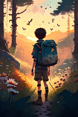 a boy with a camping backpack wandering in the distance through a forest with numerous and tall trees, irregular ground covered with ocasional spots of wild flowers, rocks and little animals, at sunset, lateral view