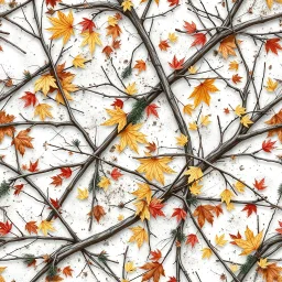 detailed Real Tree Camouflage made of bare branches, fir branches, dried maple leaves, snow and dirt, white background, seamless repeatable texture camo pattern